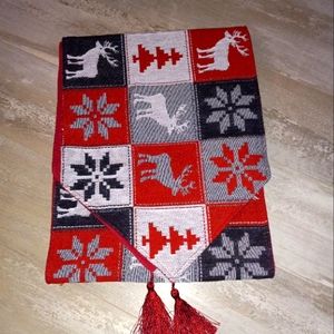 Christmas red black white fair isle table runner with tassels
